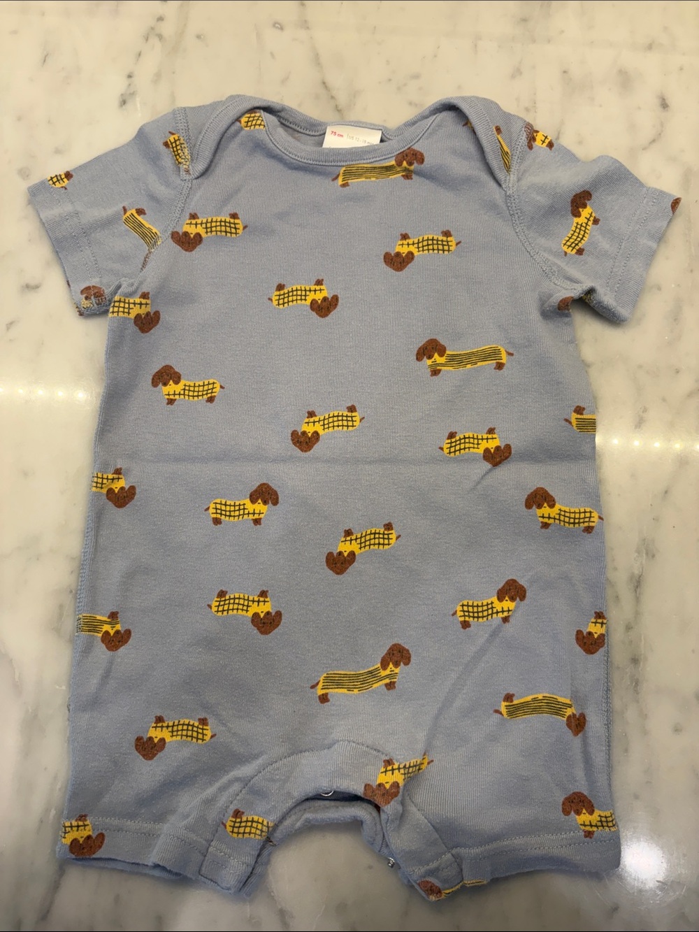 Hanna Andersson Baby Blue Dachshund Print One-Piece Romper 12-18m